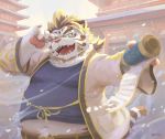  2019 absurd_res anthro belly clothing detailed_background eyewear felid fur glasses hi_res humanoid_hands licho_(tas) male mammal navel outside overweight overweight_male pantherine seamonsterping shirt solo tiger tokyo_afterschool_summoners topwear video_games white_body white_fur 