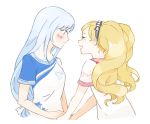  2girls :d ^_^ bangs blonde_hair blue_eyes blue_hair blush breasts closed_eyes emily_stewart enu_(roco_roco44) eyebrows_visible_through_hair facing_another idolmaster idolmaster_million_live! idolmaster_million_live!_theater_days long_hair looking_at_another lowres multiple_girls open_mouth profile shiraishi_tsumugi shirt short_sleeves simple_background small_breasts smile twintails very_long_hair white_background white_shirt 