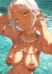  1girl :d amethyst_(gemstone) armlet armpits bangs bare_shoulders blush breasts circlet dark_elf dark_skin day elf gold head_tilt highres jewelry kinta_(distortion) looking_at_viewer necklace open_mouth original outdoors parted_bangs pointy_ears revealing_clothes short_hair sidelocks smile solo stomach wading wet white_hair yellow_eyes 