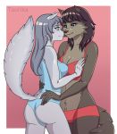  anthro arctic arctic_fox black_hair blue_eyes brown_body brown_fur butt canid canine canis clothed clothing duo female fingers fox fur hair hi_res mammal shaded shirt simple_background tank_top taurika taurika_(artist) topwear underwear white_body white_fur wolf 