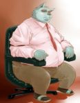  anthro belly canid canine chair clothed clothing fur furniture grey_body grey_fur hi_res male mammal moobs necktie obese obese_male office_chair overweight overweight_male sitting solo storemoji 