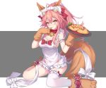  animal_ears apron bell bow breasts cat_smile cleavage collar cropped erect_nipples fate/grand_order fate_(series) food foxgirl gloves headdress latioss naked_apron pink_hair ponytail sideboob tail tamamo_no_mae_(fate) thighhighs yellow_eyes 