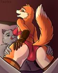  anthro blue_eyes bra butt canid canine canis clothed clothing duo female fingers fox fur grey_body grey_fur hair halfbody hi_res male mammal orange_body orange_fur shaded shirt simple_background taurika taurika_(artist) topwear underwear wolf 