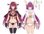  2girls antlers bell bikini boots bow breasts capelet cleavage fake_antlers fate/grand_order fate_(series) frown fur-trimmed_bikini fur-trimmed_boots fur-trimmed_capelet fur-trimmed_gloves fur_trim gloves large_breasts long_hair looking_at_viewer mittens multiple_girls navel okitakung pom_pom_(clothes) purple_hair red_eyes reference_sheet reindeer_antlers scarf scathach_(fate)_(all) scathach_(fate/grand_order) scathach_skadi_(fate/grand_order) side-tie_bikini simple_background smile star swimsuit thigh_boots thighhighs white_background 