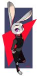  327b_(artist) abstract_background anthro clothed clothing disney fully_clothed fur grey_body grey_fur hand_on_hip high-angle_view judy_hopps lagomorph leporid looking_at_viewer mammal police_uniform purple_eyes rabbit smile solo standing toeless_legwear uniform zootopia 
