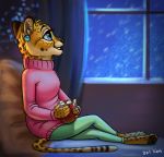  2019 5_fingers anthro bed blue_eyes cheetah clothed clothing conditional_dnp delkon detailed_background digital_media_(artwork) eyebrows eyelashes felid feline female fingers fur furniture juliaben mammal on_bed sitting solo spots spotted_body spotted_fur toes 