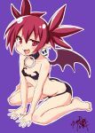  1girl bare_arms bare_legs bare_shoulders barefoot bat_wings black_panties choker commentary_request demon_girl demon_wings disgaea earrings etna eyebrows_visible_through_hair fang flat_chest full_body hands_on_ground highres jewelry looking_at_viewer midriff mini_wings open_mouth panties pointy_ears purple_background red_eyes red_hair red_wings simple_background sitting sketch skull_earrings smile solo tongue tongue_out underwear usagi_koushaku wariza wings 