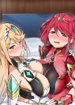  2girls absurdres armor bangs bare_shoulders bed blonde_hair blush breasts cleavage cleavage_cutout commentary covered_navel earrings fingerless_gloves gem gloves headband headpiece highres hikari_(xenoblade_2) homura_(xenoblade_2) indoors jewelry keoya_(keoya_01) large_breasts long_hair looking_at_viewer multiple_girls red_eyes red_hair red_shorts room short_hair shorts shoulder_armor simple_background swept_bangs thigh_strap tiara xenoblade_(series) xenoblade_2 yellow_eyes 