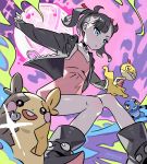  1girl amainezumi aqua_eyes bangs black_hair black_jacket black_nails choker dress dynamax earrings hair_ribbon highres jacket jewelry long_sleeves mary_(pokemon) morpeko pink_dress pokemon pokemon_(game) pokemon_swsh ribbon twintails undercut 