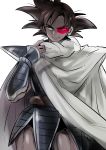  1boy armor black_eyes black_hair cape dark_skin dragon_ball dragon_ball_z katori_(katokichi) male_focus muscle scouter short_hair smile solo spiked_hair tail tullece white_cape wristband 