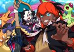  baseball_cap black_hair black_jacket blue_eyes cape charizard choker dande_(pokemon) dark_skin dark_skinned_male facial_hair fang flygon fur_trim gloves green_eyes gym_leader hair_over_one_eye hat jacket kibana_(pokemon) long_hair looking_at_viewer male_focus meiji_ken multicolored_hair nezu_(pokemon) open_mouth orange_headwear pokemon pokemon_(game) pokemon_swsh ponytail pose purple_hair smile two-tone_hair v 