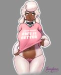  2017 5_fingers anthro blush bottomwear bovid bow brown_body brown_skin caprine clothed clothing clothing_lift collar dark_skin digital_media_(artwork) domestic_sheep english_text eyebrows eyelashes female fingers freckles front_view fur green_eyes grey_background hair hi_res holly_(character) juicydemon mammal multicolored_body multicolored_fur navel panties pink_bottomwear pink_clothing pink_panties pink_shirt pink_topwear pink_underwear portrait sheep shirt shirt_lift signature simple_background smile solo standing text three-quarter_portrait topwear two_tone_body two_tone_fur underwear undressing white_body white_eyebrows white_fur white_hair 