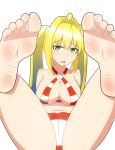  1girl ahoge barefoot bikini blonde_hair d: earrings fate/grand_order fate_(series) feet feet_up green_eyes highres jewelry looking_at_viewer nero_claudius_(fate) nero_claudius_(fate)_(all) nero_claudius_(swimsuit_caster)_(fate) open_mouth pov_feet simple_background soles swimsuit toes twintails 