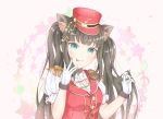  1girl :p animal_ear_fluff animal_ears aqua_eyes bangs black_collar black_hair blunt_bangs cat_ears collar commentary epaulettes eyebrows_visible_through_hair female_service_cap giselle_(gisellechuchu) gloves hair_ornament hair_tousle hairpin hands_up hat kurosawa_dia light_blush long_hair looking_at_viewer love_live! love_live!_sunshine!! musical_note musical_note_hair_ornament puffy_short_sleeves puffy_sleeves red_headwear red_vest short_sleeves sidelocks simple_background solo star tongue tongue_out twintails upper_body vest white_gloves 