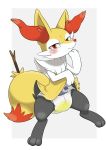  ambiguous_gender anthro blush bodily_fluids bottomwear braixen clothing clothing_lift diaper genital_fluids hi_res looking_at_viewer nintendo nyanyakotarou paws pok&eacute;mon pok&eacute;mon_(species) sitting skirt skirt_lift solo stick tears toes urine video_games wet_diaper wetting 