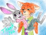  4:3 anthro barefoot black_nose blue_background bottomwear buckteeth canid canine carrying cheek_tuft clothed clothing disney duo english_text facial_tuft fox fully_clothed fur green_eyes grey_body grey_fur ikkakutenma69 inner_ear_fluff judy_hopps lagomorph leporid mammal necktie nick_wilde open_mouth open_smile orange_body orange_fur pants purple_eyes rabbit red_fox shirt simple_background smile teeth text topwear tuft zootopia 