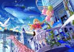  1girl aircraft airplane architecture balcony balloon bird blonde_hair bloomers blue_eyes blue_sky blurry bouquet bow building canvas_(object) castle commentary_request day dirigible dress fantasy ferris_wheel fish flock flower fuji_choko giraffe ground_vehicle hair_bow highres holding holding_bouquet hot_air_balloon locomotive long_hair long_sleeves looking_at_viewer moon original outdoors painting_(object) plant rose scenery sky smile solo standing steam_locomotive sunlight table train transparent turtle underwear whale white_dress 