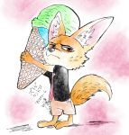  abstract_background anthro barefoot black_nose bottomwear canid canine cheek_tuft clothed clothing dessert disney facial_tuft fennec finnick food fox fully_clothed fur holding_food holding_object ice_cream ice_cream_cone ikkakutenma69 inner_ear_fluff looking_at_viewer mammal shirt shorts solo tan_body tan_fur topwear tuft zootopia 