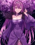  1girl amethyst_(gemstone) arm_up bangs black_background black_ribbon breasts cleavage dress fate/grand_order fate_(series) feather_trim fur-trimmed_dress fur_trim hair_between_eyes headpiece highres holding holding_wand looking_at_viewer medium_breasts pantyhose purple_dress purple_hair red_eyes ribbon scathach_(fate)_(all) scathach_skadi_(fate/grand_order) solo thkani tiara wand wide_sleeves 