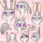  1:1 327b_(artist) anthro dipstick_ears disney ears_down ears_up fur grey_body grey_fur judy_hopps lagomorph leporid looking_up mammal multicolored_ears open_mouth open_smile pattern_background pink_background pink_nose pivoted_ears purple_eyes rabbit simple_background smile solo zootopia 