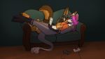  16:9 2019 5_fingers anthro between_breasts black_hair black_nose blue_eyes bottomless breasts brown_body brown_fur canid canine canis clothed clothing controller cuddling detailed_background digital_media_(artwork) duo feet female female/female feretta fingers fur furniture game_controller gloves_(marking) hair hand_behind_back hi_res inside jackal kuyo_blackstone leg_markings lying mammal markings navel nude on_back pink_hair pink_nose reading smile socks_(marking) sofa tail tail_tuft toeless_(marking) toes tuft widescreen xenon_archer 