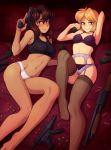  2girls arm_behind_head armpits bangs bare_arms bare_legs bare_shoulders barefoot bed_sheet blonde_hair bra breasts brown_hair bullet collarbone commentary english_commentary explosive eyebrows_visible_through_hair garter_belt green_eyes grenade gun gunsmith_cats hair_between_eyes handgun highres ittla legs looking_at_viewer lying medium_breasts multiple_girls navel on_back panties panties_over_garter_belt purple_bra purple_eyes red_pillow revolver short_hair shotgun shotgun_shells smile sports_bra stomach thighhighs underwear underwear_only weapon white_panties 