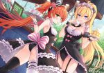  apron ass blonde_hair blue_eyes breasts cameltoe cleavage food girl_cafe_gun_(game) green_eyes juno_emmons long_hair maid ponytail red_hair rococo_(girl_cafe_gun) silver15 twintails 