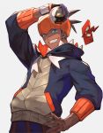  1boy black_hair blue_eyes dark_skin dark_skinned_male fang gloves gym_leader hat highres jacket kibana_(pokemon) lack looking_at_viewer male_focus orange_headwear poke_ball pokemon pokemon_(game) pokemon_swsh rotom simple_background smile solo 