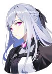  1girl absurdres ak-12_(girls_frontline) bangs black_ribbon blush braid commentary eyebrows_visible_through_hair face french_braid girls_frontline hair_ribbon highres komeo15 long_hair long_sleeves looking_to_the_side open_mouth pale_skin pink_eyes ribbon sidelocks silver_hair strap 