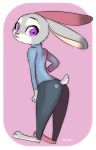  327b_(artist) anthro barefoot bottomwear clothed clothing dipstick_ears disney ears_back fully_clothed fur grey_body grey_fur judy_hopps lagomorph leporid light lighting looking_at_viewer looking_back mammal multicolored_ears pants pivoted_ears purple_eyes rabbit shirt simple_background solo three-quarter_view topwear zootopia 