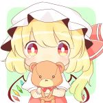  1girl blonde_hair blush carrying covered_mouth crossed_arms crystal eyebrows_visible_through_hair flandre_scarlet green_background hat hat_ribbon kokochi long_hair looking_at_viewer mob_cap red_eyes red_ribbon red_vest ribbon shirt short_sleeves side_ponytail simple_background solo stuffed_animal stuffed_toy teddy_bear touhou upper_body vest white_headwear white_shirt wings 