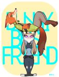  327b_(artist) anthro barefoot bottomwear canid canine carrying clothed clothing disney duo english_text fox fully_clothed fur green_eyes grey_body grey_fur judy_hopps lagomorph leporid looking_at_viewer mammal necktie nick_wilde orange_body orange_fur pants police_uniform purple_eyes rabbit red_fox shirt simple_background smile standing text topwear uniform zootopia 