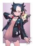  1girl aqua_eyes bangs black_hair black_jacket black_nails choker dress hair_ribbon jacket jewelry long_sleeves looking_at_viewer mary_(pokemon) morpeko pink_dress pokemon pokemon_(game) pokemon_swsh ribbon simple_background twintails undercut yoshimo_(yoshimo1516) 