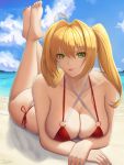  1girl absurdres ahoge artist_name ass bangs bare_shoulders barefoot beach bikini blonde_hair blue_sky breasts cleavage closed_mouth cloud cloudy_sky collarbone commentary criss-cross_halter day eyebrows_visible_through_hair fate/grand_order fate_(series) feet green_eyes halterneck highres large_breasts legs legs_up lips long_hair looking_at_viewer lying medium_breasts nero_claudius_(fate) nero_claudius_(fate)_(all) o-ring o-ring_bikini on_stomach outdoors red_bikini side-tie_bikini signature sky solo swimsuit thighs toes twintails water zaphn 