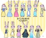  327b_(artist) anthro barefoot clothed clothing cosplay costume crown dipstick_ears disney dress ears_down ears_up fully_clothed fur grey_body grey_fur hand_on_hip judy_hopps lagomorph leporid mammal multicolored_ears pattern_background pivoted_ears purple_eyes rabbit simple_background smile solo standing striped_background yellow_background zootopia 
