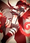  1girl arm_up armpits banned_artist bare_shoulders belt black_shorts boots breasts cape code_vein crop_top gas_mask glowing glowing_eyes hand_up highres long_hair looking_at_viewer lying medium_breasts midriff nail_polish navel on_back protagonist_(code_vein) red_eyes red_hair red_legwear red_nails sana_hamada short_shorts shorts signature skindentation sleeveless solo stomach suspenders tail thigh_strap thighhighs twintails underboob 