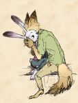  anthro barefoot bottomwear canid canine clothed clothing dipstick_ears disney duo fox fully_clothed fur grey_body grey_fur hug judy_hopps lagomorph leporid mammal multicolored_ears nick_wilde noko_ume orange_body orange_fur pants rabbit red_fox shirt simple_background tan_background topwear zootopia 