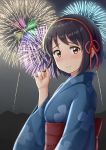  1girl absurdres aerial_fireworks bangs blue_kimono blush brown_hair commentary_request eyebrows_visible_through_hair fireworks floral_print hair_ribbon highres japanese_clothes kimi_no_na_wa. kimono looking_at_viewer miyamizu_mitsuha mountainous_horizon night night_sky obi playing_with_own_hair print_kimono red_ribbon ribbon ririumu sash short_hair sky smile solo tagme yukata 