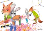  2016 abstract_background anthro bottomwear canid canine clothed clothing disney duo flower fox fully_clothed fur green_eyes grey_body grey_fur holding_object ikkakutenma69 judy_hopps lagomorph leporid mammal necktie nick_wilde orange_body orange_fur pants plant purple_eyes rabbit red_fox shirt topwear zootopia 