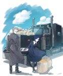 1boy 1girl blue_eyes blue_hair breasts ciel coat collar covered_eyes curry dress food glasses grey_hair ground_vehicle highres long_sleeves looking_at_viewer medium_breasts melty_blood mister_dawn motor_vehicle nun priest robe shiny short_hair smile solo tm_441 truck tsukihime type-moon 