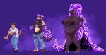  2019 anthro big_breasts blush bottomwear breast_expansion breasts brown_hair capcom clothing crystal elder_dragon female hair hand_on_breast hand_on_hip hhazard hi_res horn horn_growth huge_breasts human_to_anthro humanoid jeans kulve_taroth monster_hunter navel nipples nude pants purple_background pussy sequence shirt simple_background smile solo species_transformation standing surprise topwear torn_clothing transformation video_games weight_gain wide_hips 