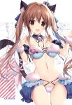  1girl :d animal_ears bell blue_bikini_top breasts brown_eyes brown_hair cat_ears cat_tail cleavage crown detached_collar fur_trim highres jingle_bell karory mini_crown open_mouth original smile tail twintails white_bikini_bottom 