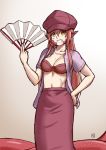  1girl artist_name blush breasts casual cleavage cosplay fan fang fatal_fury fatal_fury_2 finalcake grin hair_between_eyes hand_on_hip hat holding holding_fan jacket jewelry lamia long_hair long_skirt looking_at_viewer miia_(monster_musume) monster_girl monster_musume_no_iru_nichijou necklace pointy_ears red_hair scales shiranui_mai shiranui_mai_(cosplay) short_sleeves sidelocks simple_background sketch skirt slit_pupils smile solo tail teeth yellow_eyes 