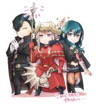  1boy 2girls armor axe belt black_armor black_cape black_hair black_shorts blue_eyes blue_hair byleth_(fire_emblem) byleth_(fire_emblem)_(female) cape closed_mouth edelgard_von_hresvelg fire_emblem fire_emblem:_three_houses gloves hair_over_one_eye headpiece holding holding_axe horns hubert_von_vestra long_sleeves multiple_girls pantyhose purple_eyes robaco short_hair short_shorts shorts simple_background smile white_background white_gloves white_hair 