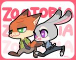  &lt;3 &lt;3_eyes 327b_(artist) 5:4 anthro bottomwear canid canine clothed clothing dipstick_ears disney duo english_text fox fully_clothed fur green_eyes grey_body grey_fur judy_hopps lagomorph leporid mammal multicolored_ears necktie nick_wilde open_mouth open_smile orange_body orange_fur pants purple_eyes rabbit red_fox shirt simple_background smile text toony topwear walking white_background zootopia 