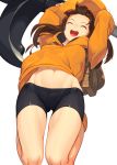  1girl :d ^_^ absurdres akisa_(12023648) anchor arms_up backpack bag bike_shorts breasts brown_hair closed_eyes groin guilty_gear guilty_gear_strive hat highres hip_focus holding_anchor jumping long_hair may_(guilty_gear) midriff_peek navel open_mouth orange_footwear orange_headwear orange_hoodie pirate simple_background small_breasts smile solo tagme thighs white_background 