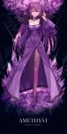  1girl amethyst_(gemstone) arm_up bangs black_background black_ribbon breasts character_name cleavage dress english_text fate/grand_order fate_(series) feather_trim fur-trimmed_dress fur_trim hair_between_eyes headpiece high_heels highres holding holding_wand looking_at_viewer medium_breasts pantyhose purple_dress purple_hair red_eyes ribbon scathach_(fate)_(all) scathach_skadi_(fate/grand_order) solo thkani tiara wand wide_sleeves 