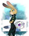  327b_(artist) abstract_background anthro clothed clothing crossed_arms dipstick_ears disney fully_clothed fur green_eyes grey_body grey_fur judy_hopps lagomorph leporid mammal multicolored_ears open_mouth pink_nose police_uniform purple_eyes rabbit uniform yellow_body yellow_fur zootopia 