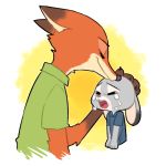  1:1 327b_(artist) anthro black_nose bodily_fluids canid canine clothed clothing crying cub dipstick_ears disney duo ears_down fox fur gloves_(marking) grey_body grey_fur judy_hopps lagomorph leporid mammal markings multicolored_ears open_mouth orange_body orange_fur pivoted_ears rabbit red_fox shirt simple_background tan_body tan_fur tears topwear young zootopia 