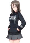  1girl absurdres bangs black_shirt brown_eyes brown_hair casual closed_mouth clothes_writing cowboy_shot drawstring girls_und_panzer grey_skirt hands_in_pockets highres hood hood_down hoodie long_hair long_sleeves looking_at_viewer mika_(girls_und_panzer) miniskirt no_hat no_headwear omachi_(slabco) pleated_skirt shirt simple_background skirt smile solo standing swedish_text swept_bangs white_background 